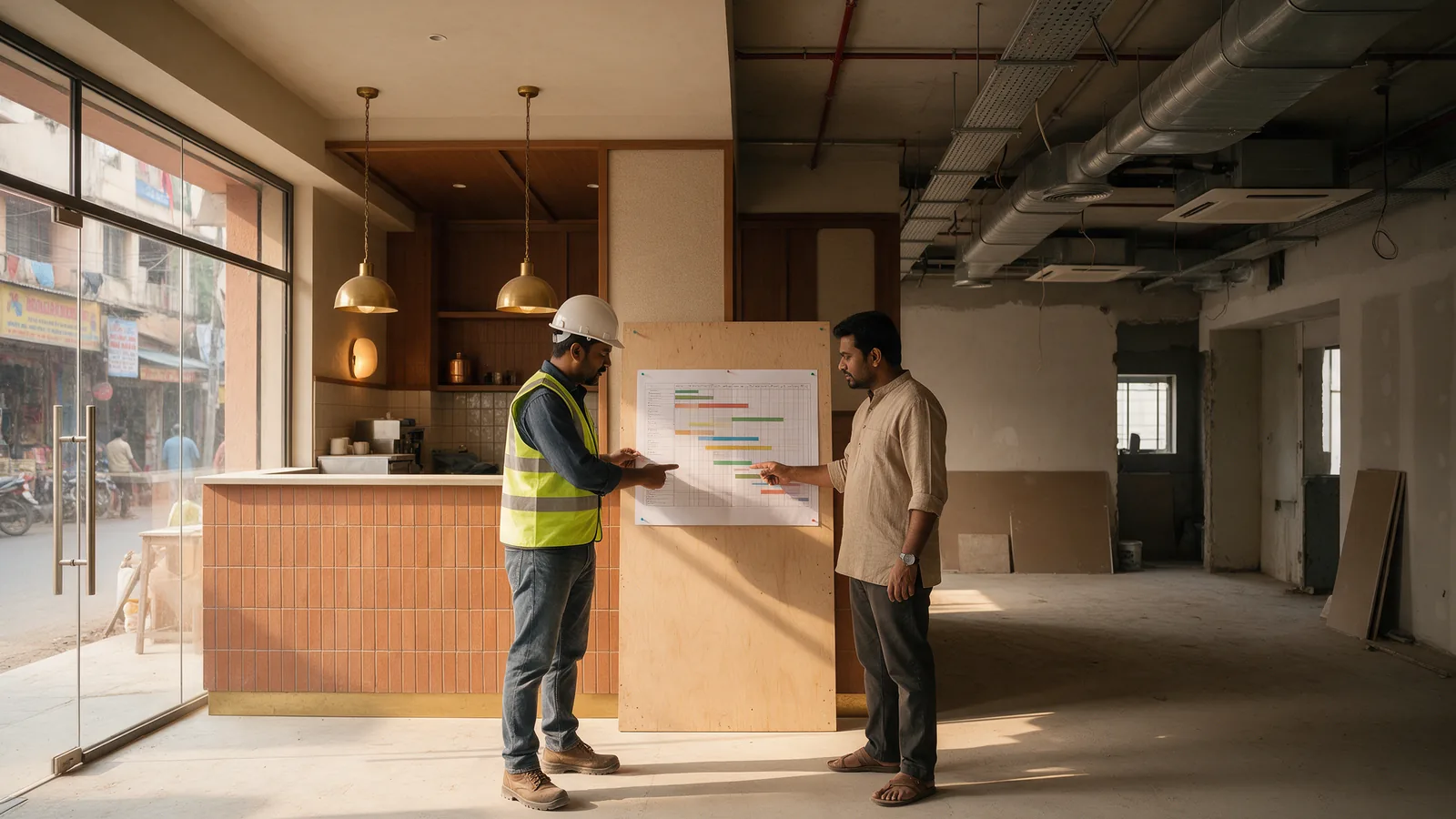 Project manager and restaurant owner reviewing a construction programme inside a partially fitted-out café